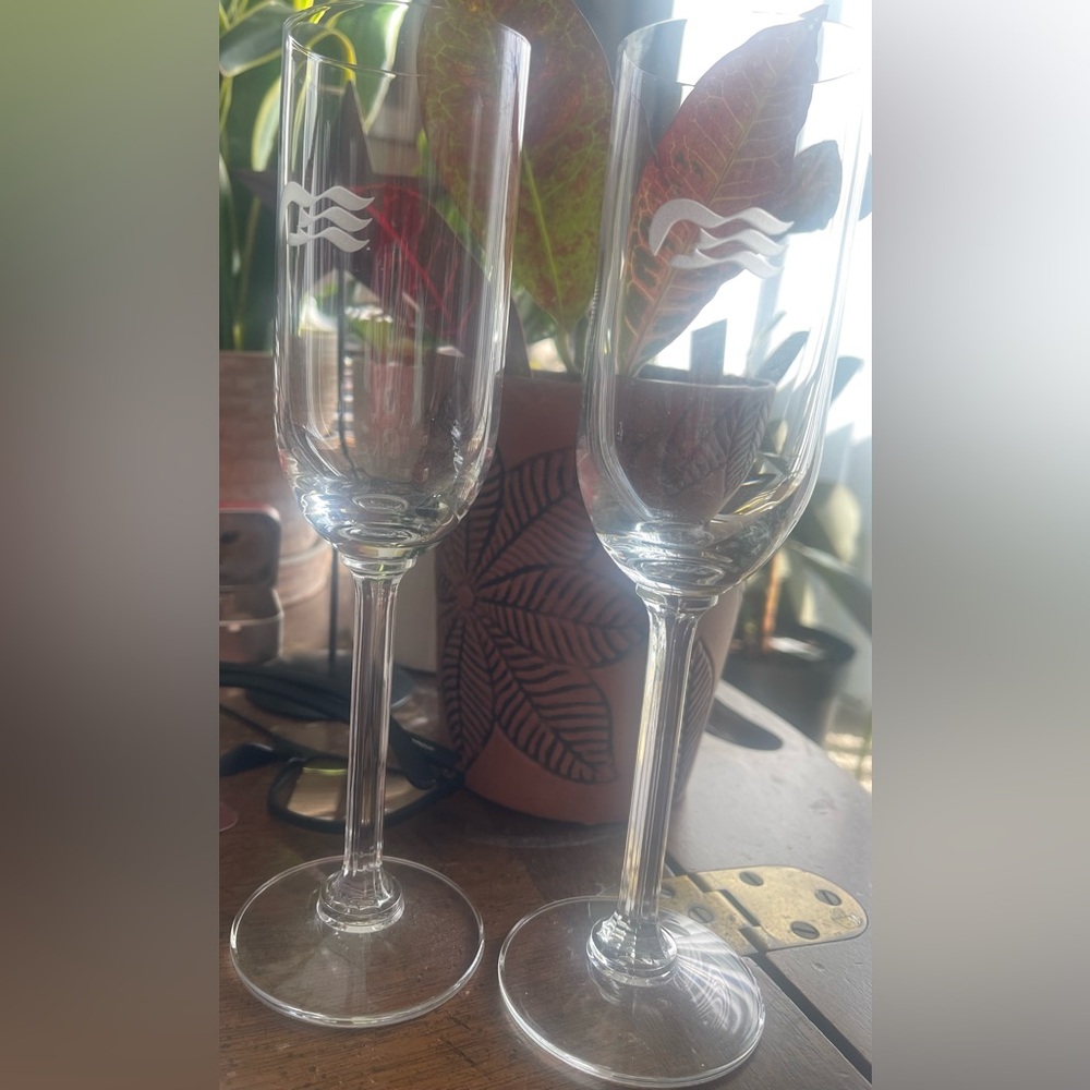 Princess Cruises Champagne 🍾 Flutes Set of Two Etched Wave Logo Glassware Bar